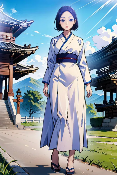 a woman in a white dress standing in front of a pagoda