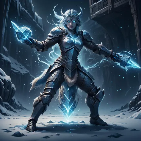 <lora:VikingWorld:0.8> vikingworld , <lora:ThunderMagic-22:0.5>, thundermagic , excessive energy , charged aura, 1girl, cyan glowing hair, blue eyes, glowing eyes, fantasy, dissolving, wrath, full body, female, (knight:1.1) , enchanted armor , enchanted wa...