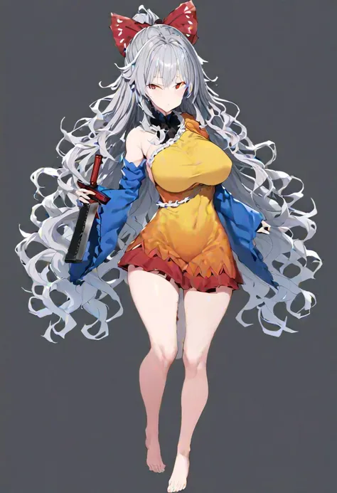 masterpiece, best quality, ultra-detailed, beautiful, nai3, 1girl, solo, full_body, tachi-e, 
sakata_nemuno, karen_(pokemon), solo, 1girl, long_hair, red_eyes, long_sleeves, dress, frills, bare_shoulders, grey_hair, wide_sleeves, detached_sleeves, barefoot...