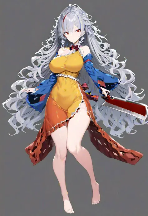 masterpiece, best quality, ultra-detailed, beautiful, nai3, 1girl, solo, full_body, tachi-e, 
sakata_nemuno, karen_(pokemon), solo, 1girl, long_hair, red_eyes, long_sleeves, dress, frills, bare_shoulders, grey_hair, wide_sleeves, detached_sleeves, barefoot...