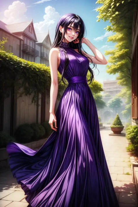 a woman in a purple dress standing on a sidewalk