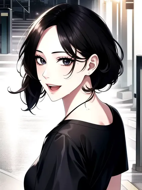 anime girl with black hair and black dress standing in a city