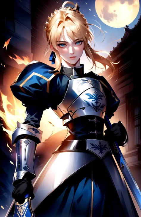 <lora:ManhwaMegaUltimate:0.8>,  
((fantasy, fantasy-style)), ((artoria pendragon (fate), saber)), fire, solo, ((holding sword, holding shield)), armor,  shoulder armor, standing, looking at viewer, black pants, blonde hair, green eyes, ((cowboy shot, )), m...