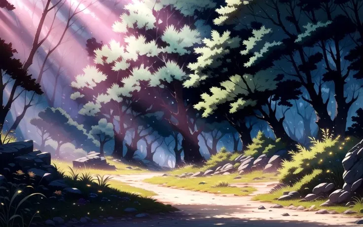 anime scenery of a path through a forest with sunbeams