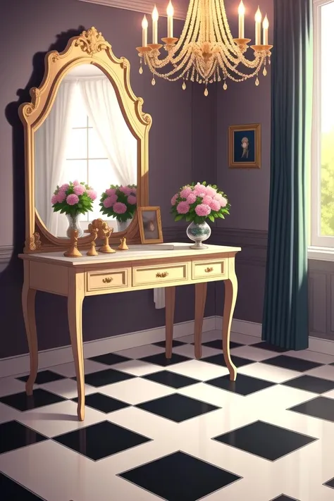 there is a table with a mirror and a vase of flowers on it