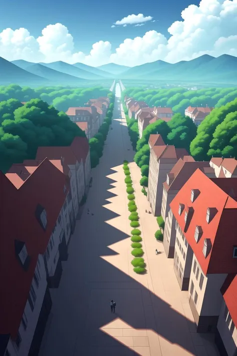 anime city with a long road and a person walking down it