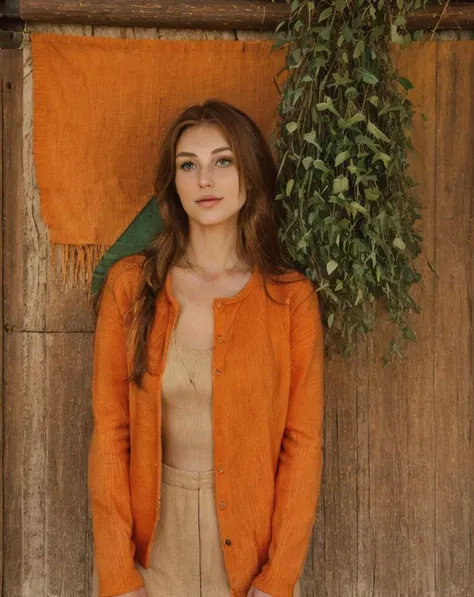 arafed woman in an orange cardigan standing in front of a wooden wall