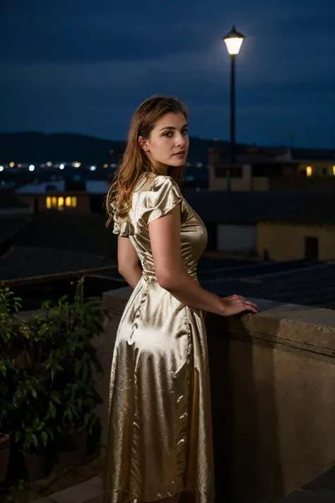 arafed woman in a gold dress standing on a balcony