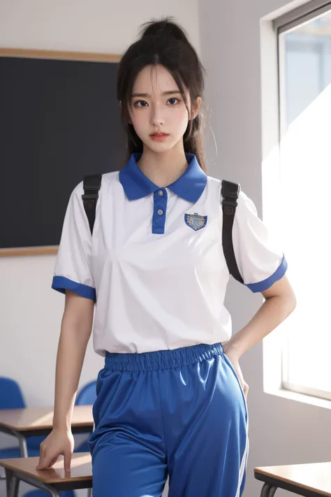 1girl,solo,standing,,ruanyi0533,blue pants,collared shirt,short sleeves,striped,sneakers,cowboy shot,indoors,school,classroom,school desk,white shirt,<lora:0533 Shen Jiayi_v1:1>, best quality,masterpiece,highres,official art,extremely detailed cg unity 8k ...