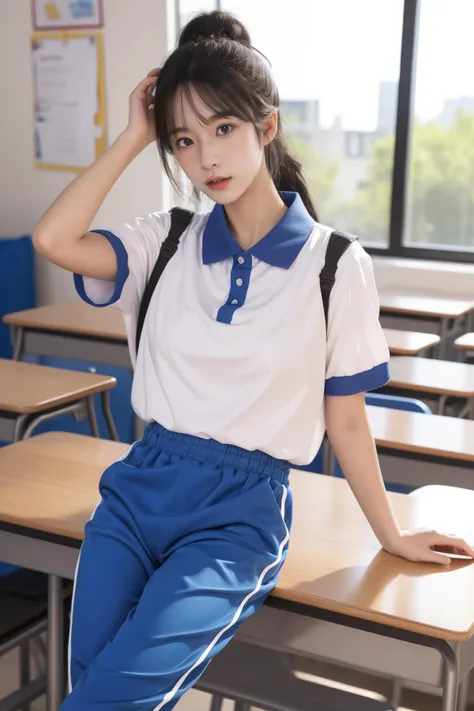 a woman sitting on a desk in a classroom wearing a white shirt and blue pants