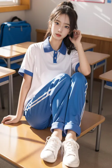 a woman sitting on a table in a classroom with a backpack