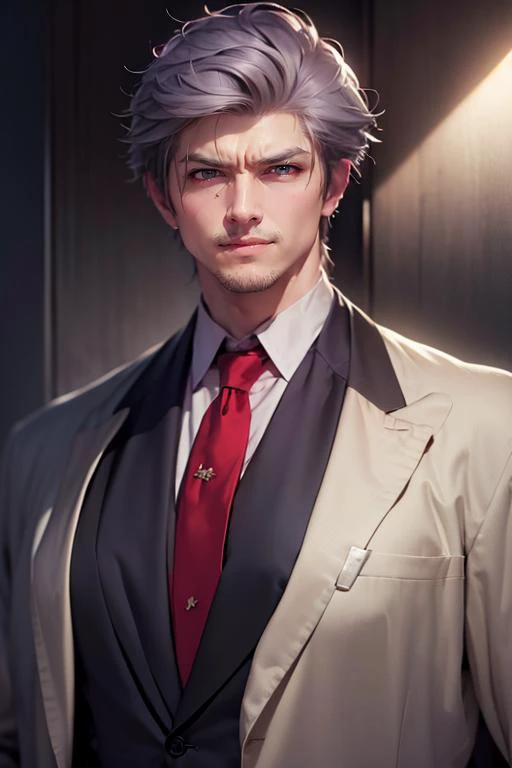 (ultimate quality, masterpiece, highres:1.0), (photorealistic, realistic:1.9), soft lighting, demonic energy, dark, mysterious ambience,
1boy, edwinblack_taimanin, red eyes, silver hair, angry, grinning, smile, business suit, black coat, red tie, muscular,...