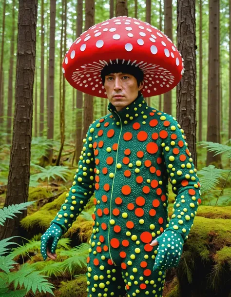 Mushroom man, forest dweller, mystical being, reminiscent of the artwork of Yayoi Kusama