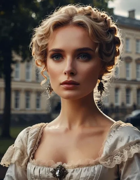 GeorgianStyle, A close-up portrait of a woman, eyes looking determinedly into the camera. She is wearing a white dress and stands against a dark stormy background.