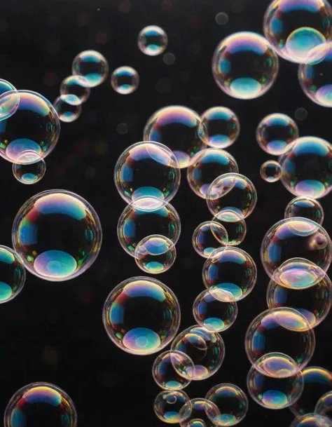 A painting of a Vivid soap bubbles floating against a dark, blurred background. Each bubble reflects and refracts light, displaying a spectrum of colors with hues of pink, blue, orange, and green. The iridescent surfaces of the bubbles show distorted refle...