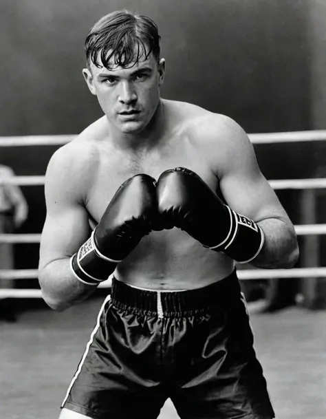 1920s boxer, boxing ring, gloves on, fierce look, monochrome