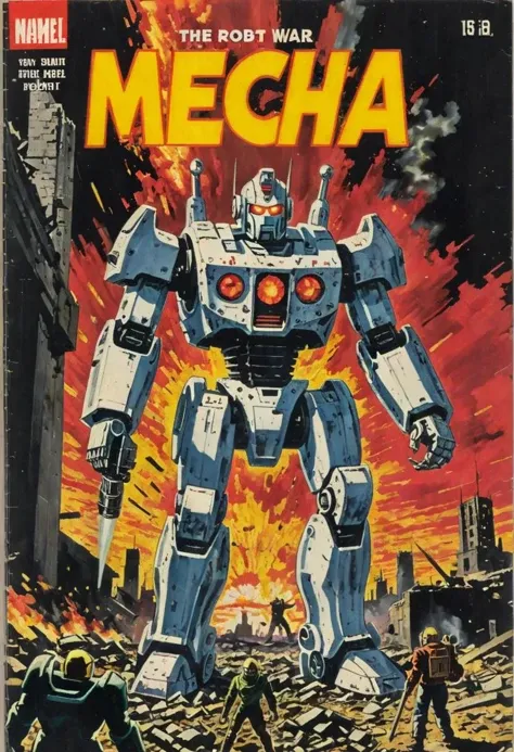 The cover of the vintage comic book titled "Mecha" features a towering, futuristic robot with a sleek silver exterior and glowing red eyes. The robot is standing in the middle of a cityscape, surrounded by rubble and debris. The city is in ruins, with buil...