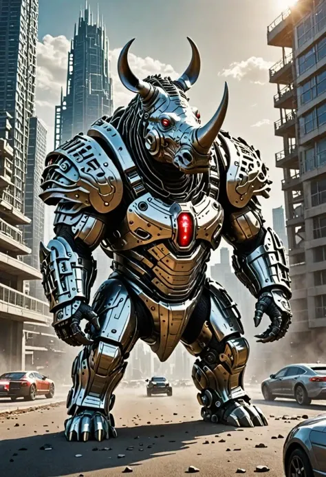 A cyborg rhinoceros with a metallic exoskeleton, standing in a futuristic city with flying cars and tall buildings. The rhino has a glowing red eye and a horn made of a metallic alloy. The exoskeleton is covered in wires and gears, and the rhino has a smal...