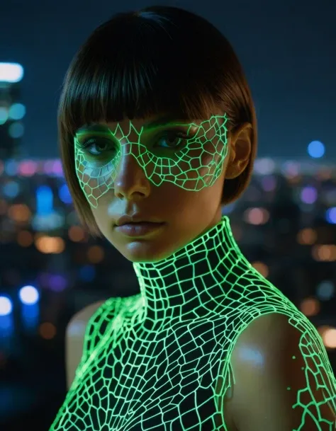 8k, a photo of a woman whose skin is made of neon glass, hazel eyes, short bangs, intense gaze, almond shaped eyes, full body view,

background is a cityscape, night, intricate detail