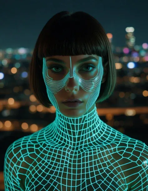 8k, a photo of a woman whose skin is made of neon glass, hazel eyes, short bangs, intense gaze, almond shaped eyes, full body view,

background is a cityscape, night, intricate detail