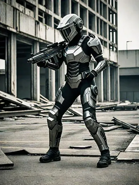  black armed female figure in sci-fi battle armor with cybernetic helmet, aiming on one knee, mask, sci-fi visor, bald head, armed figure, weapon in hand, aiming, plate armor, insulated armor, spacesuit, lots of small details, sci-fi movie style, on a ruin...