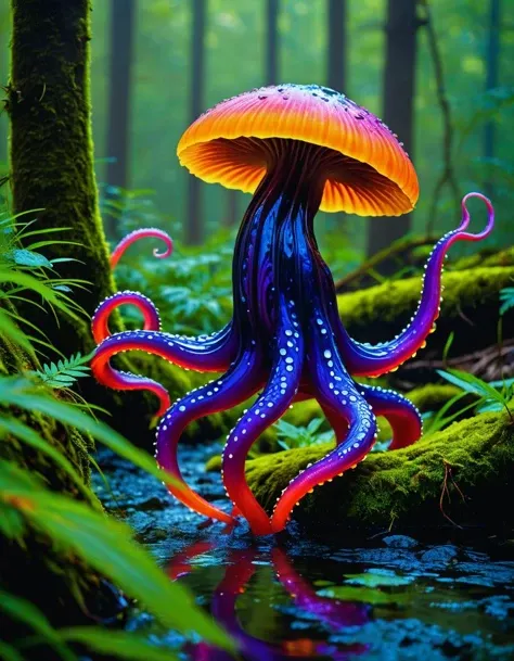 A fantastical creature with iridescent scales and long, flowing tentacles emerges from the wet ground cover. The creatures body is a riot of colors - electric blues, fiery oranges, and deep purples swirl together in chaotic yet harmonious patterns. Its mov...