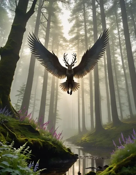 Ethereal Forms: A group of mystical creatures with translucent bodies and shimmering wings. They are standing on a misty hilltop surrounded by tall trees. Their wings are iridescent and sparkle in the sunlight. Each creature has a unique appearance, some h...