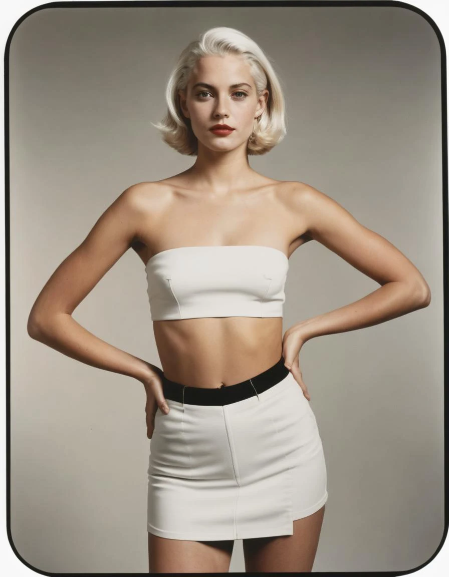 upper body portrait of a white-haired young woman, narrow waist, wide hips, wearing a tube top and miniskirt, subtle smile, cinematic