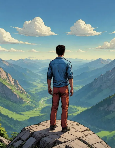 (comic book), A person is standing on top of a mountain, looking out over a vast landscape. The sky is clear and blue, with a few fluffy white clouds scattered across it. In the distance, there are rolling hills and forests that stretch as far as the eye c...