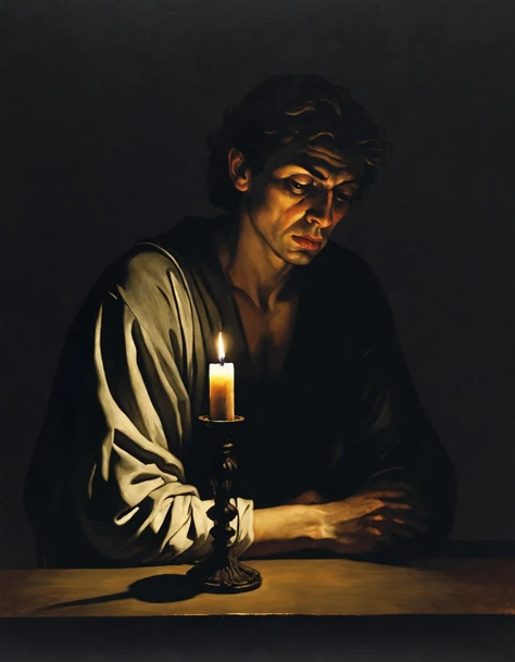 In the vein of Caravaggios Baroque mastery but with a modern twist, we find a dramatic scene bathed in dark lighting. A solitary figure, illuminated only by a single, dim candle, is the focal point. The subject, clad in somber tones, is deep in contemplati...