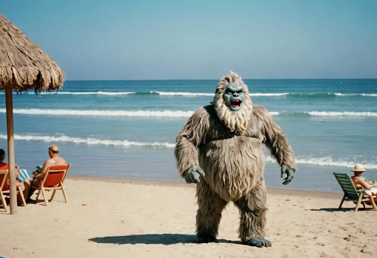 1960s analog photo of a scene from a daytime tv-show depicting a elderly overweight (Yeti:1.2) enjoying his day at the beach, shot on kodachrome, film grain