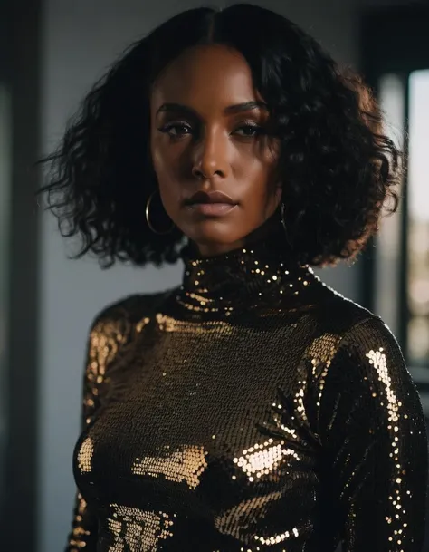 a woman in a gold top and black pants