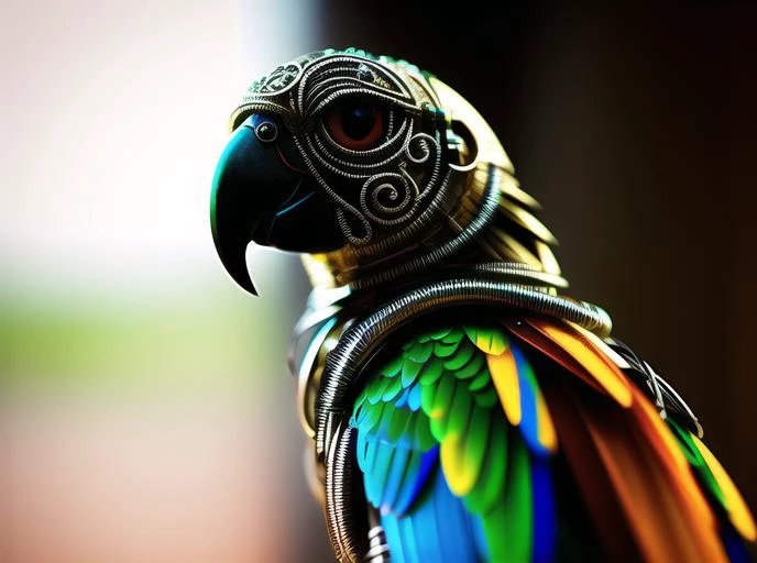 a cute parrot made out of metal, (cyborg:1.1), ([tail | detailed wire]:1.3), (intricate details), hdr, (intricate details, hyper...