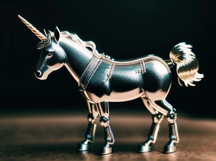 a cute unicorn made out of metal, (cyborg:1.1), ([tail | detailed wire]:1.3), (intricate details), hdr, (intricate details, hyperdetailed:1.2), cinematic shot, vignette, centered