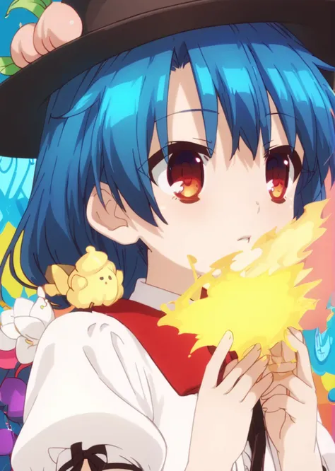 anime girl with blue hair and a black hat holding a yellow star