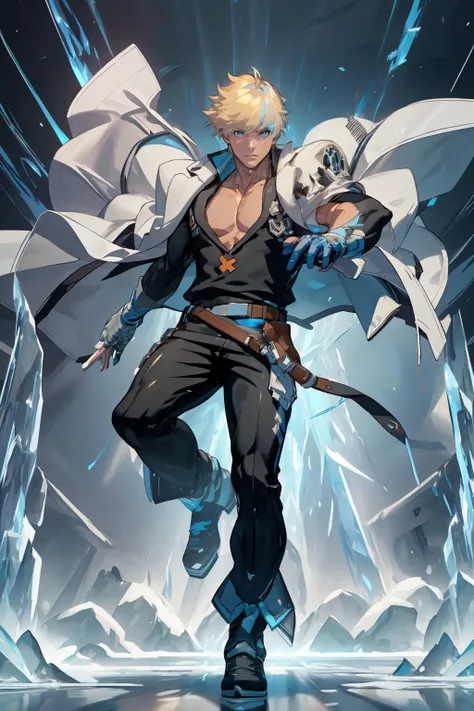 <lora:guiltygear_kykiske:1> ggkykiske, white jacket, jacket on shoulders, blue gloves, black pants, belt, collarbone, pectorals,outdoors,city,full body,  <lora:FrostRaceTech:0.8> frostracetech, cryogenic, fighting stance,, (masterpiece, best quality,highre...