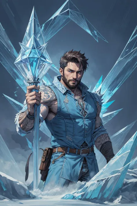 a man with a sword and a sword in his hand stands in front of a frozen mountain