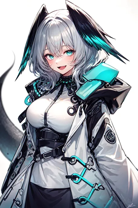 1girl, head wings, open mouth, simple background, :d, solo, white background, upper body, aqua eyes, open coat, hood, smile, grey hair, shirt, coat, looking at viewer, open clothes, large breasts, cowboy shot, fangs, 
 <lora:hoolheyak:0.8>