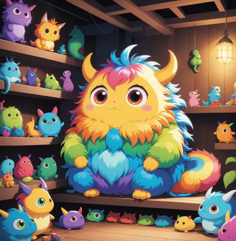 A cute monster with a rainbow-colored fur coat, a long tail, and big, round eyes. The monster is sitting on a cluttered shelf in a mysterious, dark environment. The shelf is surrounded by other colorful monsters, some of which are sleeping, while others ar...