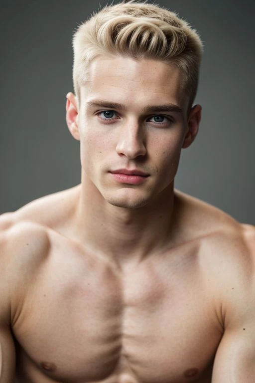 photo-realistic:1.37), ultra-detailed, (high detailed skin:1.2), 8k uhd, dslr, soft lighting, high quality, film grain, Fujifilm XT3, professional lighting, handsome 1man , (thin lips:1.3), masterpiece, pale skin, gray eyes, blond, shaved head,(strong jaw:...