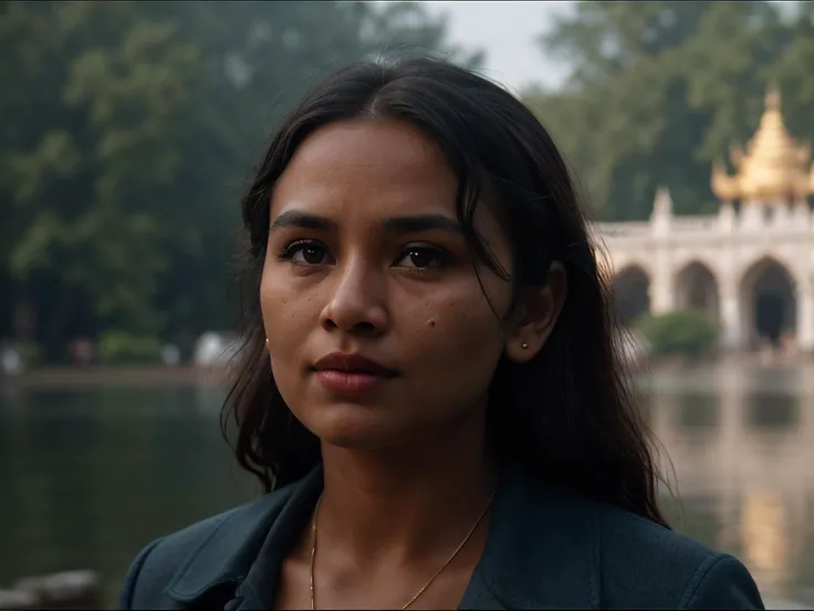 cinematic film still of UHD photo of Myanmar, skin color  Medium to dark brown , Establishing shot, (((face:Square Round Face, drooping eyelids, [eye color blue], Nose with an Adorable Button Shape, full lips, round cheeks, square chin)), wearing junglist)...