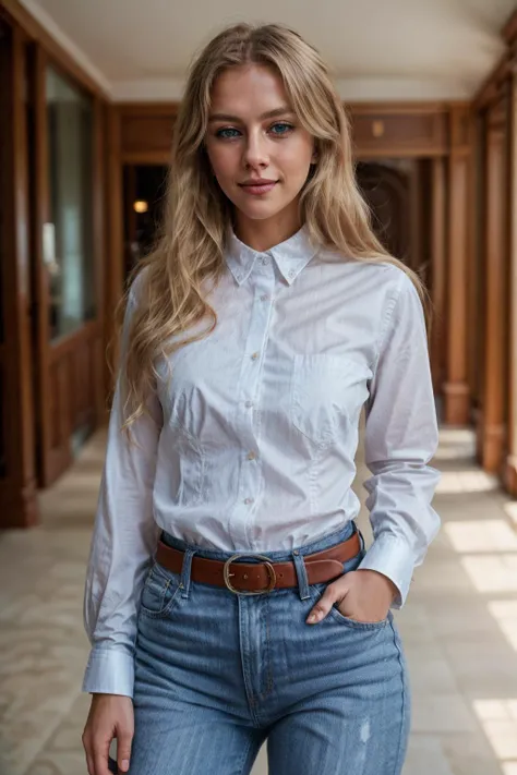 ZH_Abreit <lora:ZH_ABreit:0.8>, 1girl, solo, white collared shirt <lora:collaredShirt-000020:0.75>, jeans, belt, full body shot, long hair, blonde hair, blue eyes, smile, lips, looking at viewer, photographed on a Fujifilm GFX 100, 80mm F/1.7 prime lens, c...