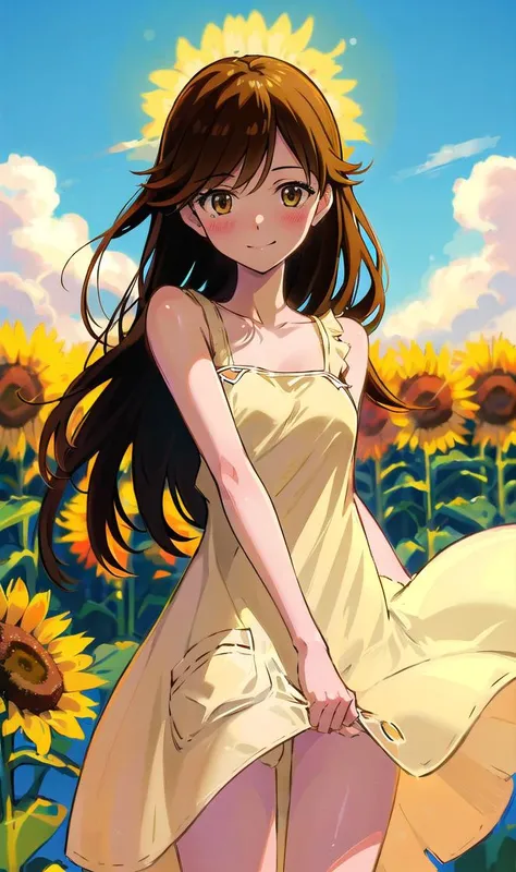 <lora:suzuhara:1>, solo, 1girl, detailed,masterpiece, cowboy shot,(long hair:1.2),(light yellow sundress:1.4),(wind:1.3),brown eyes,light smile,blush,looking at viewer,best quality,ultra-detailed, detailed skin, detailed clothing, 4k render, absurdres, wal...