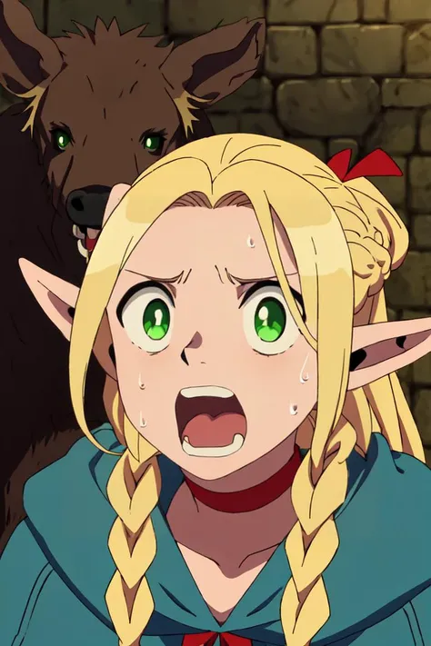 masterpiece,animation,highres,1girl,<lora:Marcille_Donato_DungeonMeshi_Screenshots:0.8>,Marcille_Donato_DungeonMeshi,1girl,solo,blonde hair,long hair,twin braids,elf,pointy ears,green eyes,red choker,maze,(running:1.1),there is a wild boar behind,wild boar...