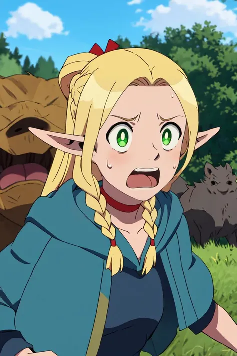 masterpiece,animation,highres,1girl,<lora:Marcille_Donato_DungeonMeshi_Screenshots:0.8>,Marcille_Donato_DungeonMeshi,1girl,solo,blonde hair,long hair,twin braids,elf,pointy ears,green eyes,red choker,maze,(running:1.1),there is a wild boar behind,wild boar...