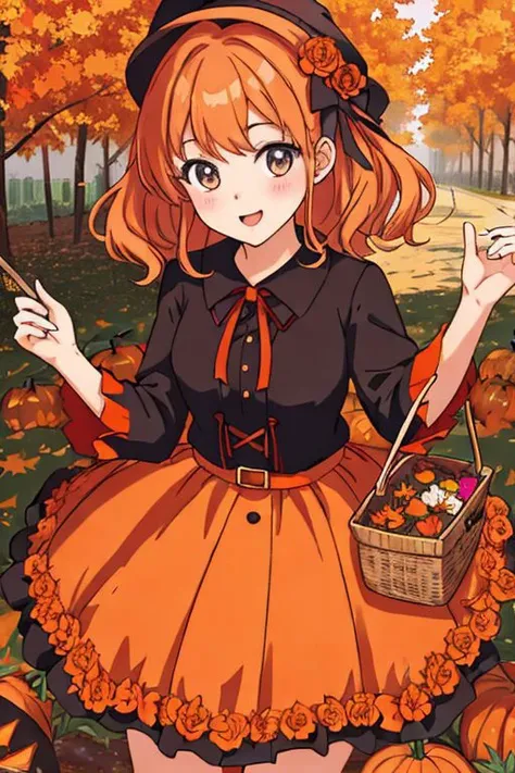 masterpiece, best quality, 1girl, autumn themed, autumn vibes, flowers, Halloween materials, anime, 16K, HDR,