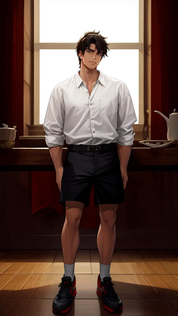 anime character in a white shirt and black shorts standing in front of a window