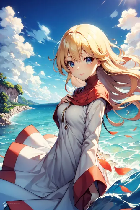 masterpiece, best quality, dqPom, blonde hair, robe, looking at viewer, ocean, serene smile, wind, leaves, clouds <lora:moonbrooke-nvwls-v1-000010:0.9>