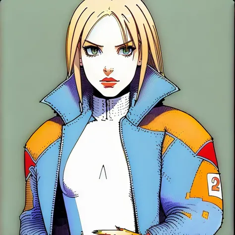 (young woman wearing a stylish jacket:1.4), good_face, (upper body view:1.2), inspired by (Jaime Pressly:0.951) and (Britney Spears:1.050), (wasmoebius:1.130), (flat colors:0.668), (ink drawing:0.668), featured on artstation