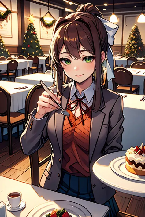 <lora:aloneChristmas:0.4> christmas, christmas lights, christmas ornaments, christmas tree, merry christmas, restaurant, cake, birthday cake, birthday party, holding spoon, sitting on chair, table, upper body, too many tables, too many chair,<lora:ddlc:1> ...